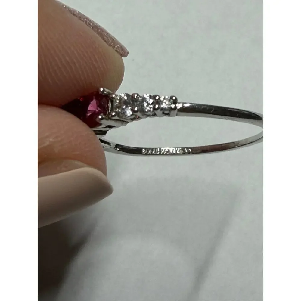 Bomb Party July Birthday Ring 3 Stone Lab Created Ruby on Silver Tone Size 11